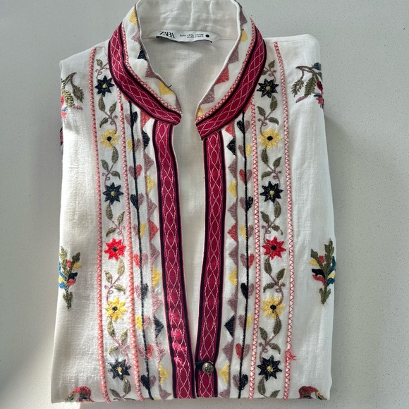 Zara Embroidered Linen Blend Floral Bird Jacket Shirt - Picture 12 of 17